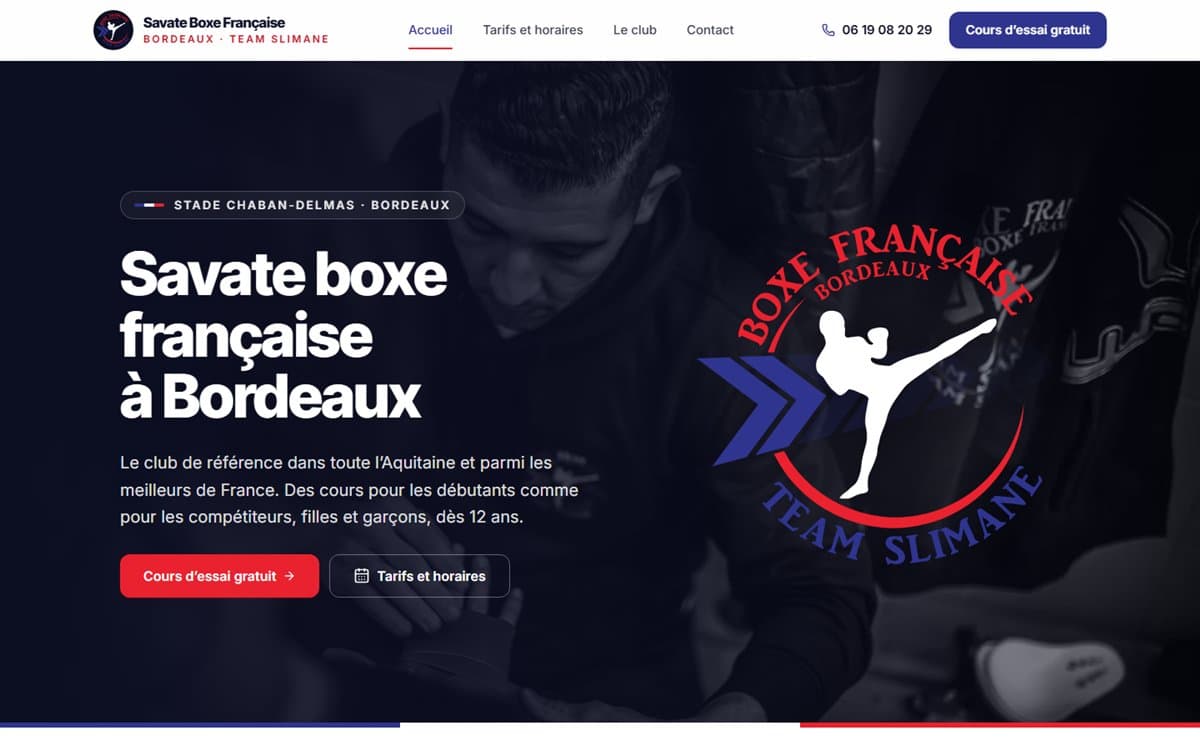Page d'accueil du site du Savate Boxe Française Bordeaux, Team Slimane